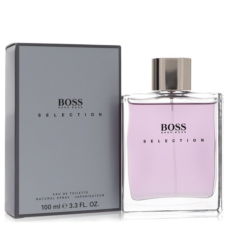 Hugo Boss Selection Eau De Toilette spray for men, 3.3 oz, featuring a sleek bottle with a silver cap and elegant design.