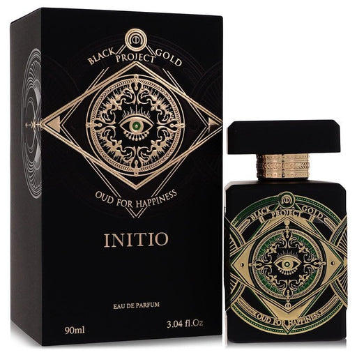 Initio Oud For Happiness Eau De Parfum spray bottle, 3.04 oz, unisex scent with a sleek design and elegant branding.