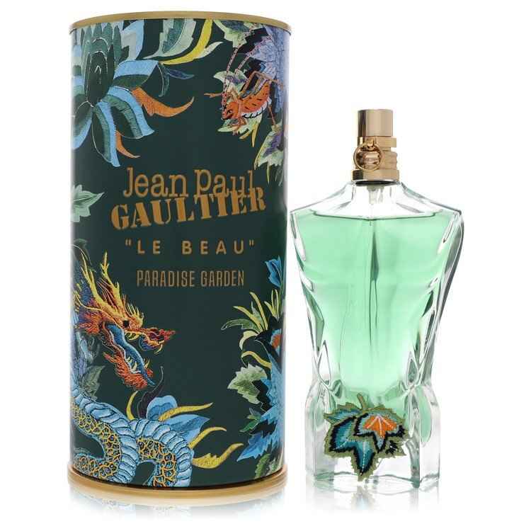 Jean Paul Gaultier Le Beau Paradise Garden Eau De Parfum spray 2.5 oz for men, with a sleek bottle design.