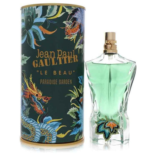 Jean Paul Gaultier Le Beau Paradise Garden Eau De Parfum spray 2.5 oz for men, with a sleek bottle design.