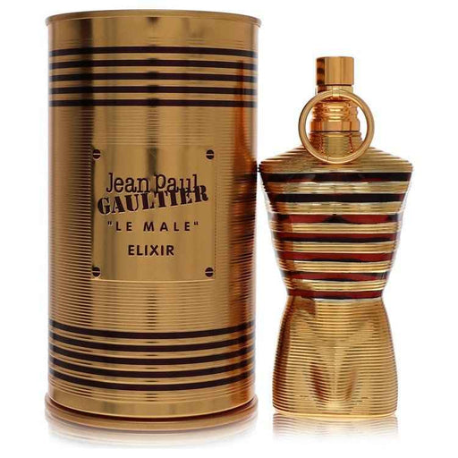 Jean Paul Gaultier Le Male Elixir perfume spray for men, 2.5 oz bottle, featuring the iconic design and branding.