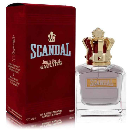Refillable 3.4 oz Jean Paul Gaultier Scandal Eau De Toilette spray for men, featuring the iconic bottle design.