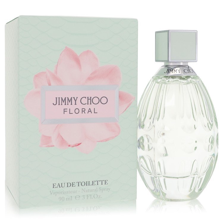 Jimmy Choo Floral Eau De Toilette spray for women, 3 oz bottle with elegant floral design and silver cap.