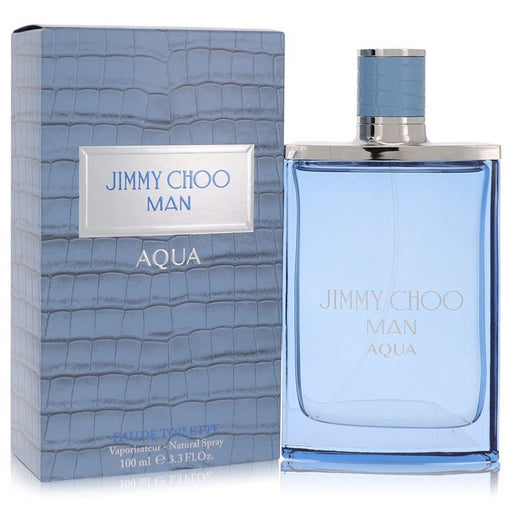 Jimmy Choo Man Aqua Eau de Toilette spray for men, 3.3 oz bottle with sleek packaging and Jimmy Choo branding.
