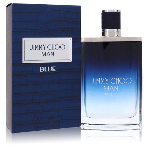 Jimmy Choo Man Blue Eau de Toilette spray for men, 3.3 oz, featuring sleek bottle design and masculine fragrance.
