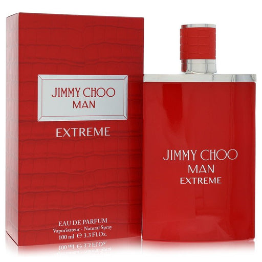 Jimmy Choo Man Extreme Eau De Parfum spray for men, 3.3 oz, featuring sleek bottle design and modern fragrance packaging.