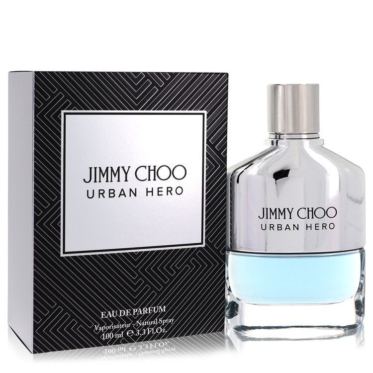 Jimmy Choo Urban Hero Eau De Parfum spray for men, 3.3 oz bottle with sleek design and brand logo visible.