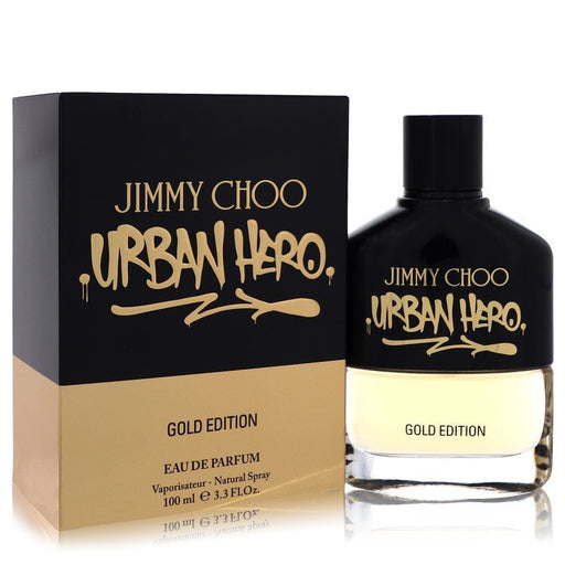 Jimmy Choo Urban Hero Gold Edition Eau de Parfum for men, 3.3 oz bottle with a sleek gold design.