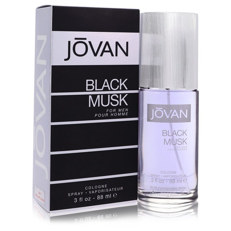 Black Musk by Jovan men's cologne spray in a 3 oz bottle, featuring a dark, musky fragrance with sleek black packaging.