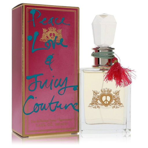 Juicy Couture Peace Love & Juicy Couture perfume spray for women, 3.4 oz bottle with floral and fruity scent packaging
