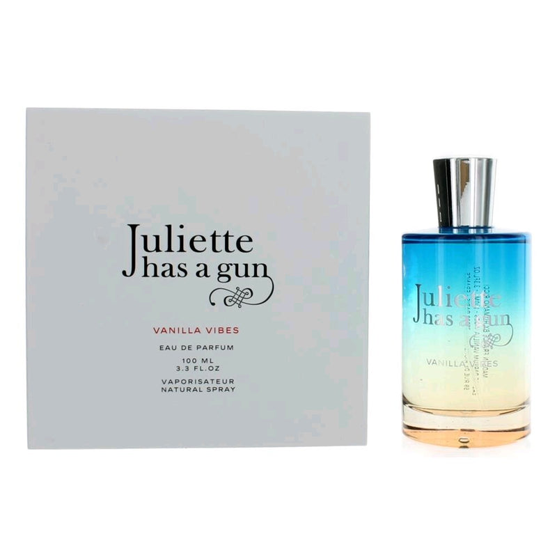 3.3 oz Eau De Parfum Spray by Juliette Has a Gun, Vanilla Vibes fragrance bottle with elegant design and soft color palette.