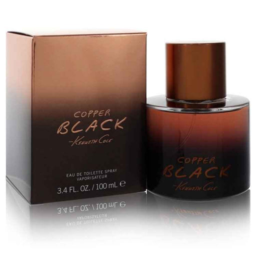Kenneth Cole Copper Black Eau De Toilette spray for men, 3.4 oz, featuring a sleek black and copper bottle design.
