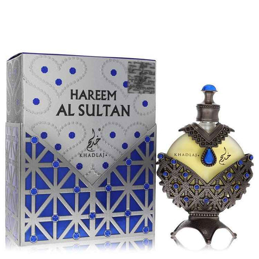 Khadlaj Hareem Al Sultan Blue concentrated perfume oil in 1.18 oz bottle, featuring a blue label, for women and unisex use.