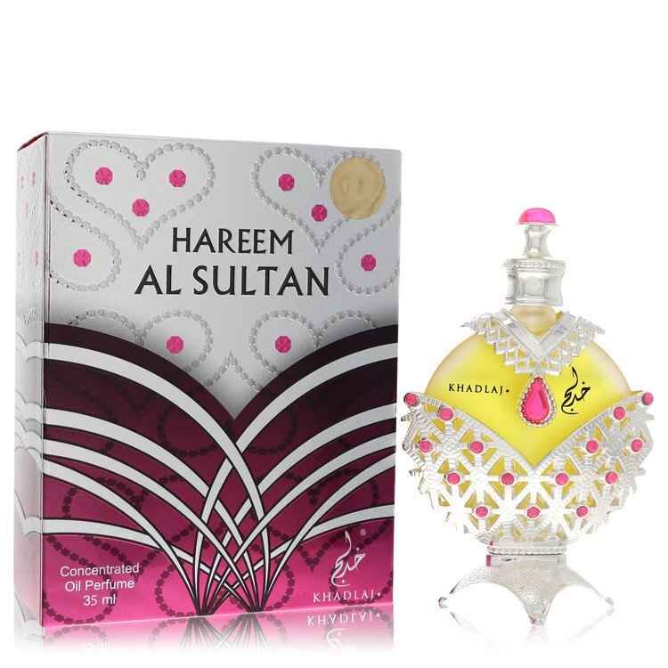 Khadlaj Hareem Al Sultan Silver concentrated perfume oil bottle, 1.18 oz, for women and unisex, with elegant silver packaging.