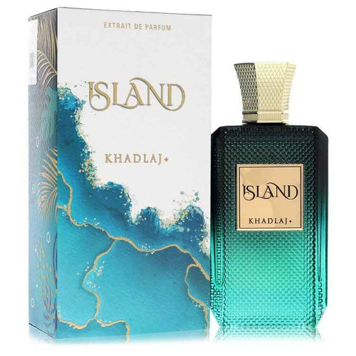 Khadlaj Island Extrait De Parfum spray for women in 3.4 oz bottle, elegant design and floral fragrance visible in the image.