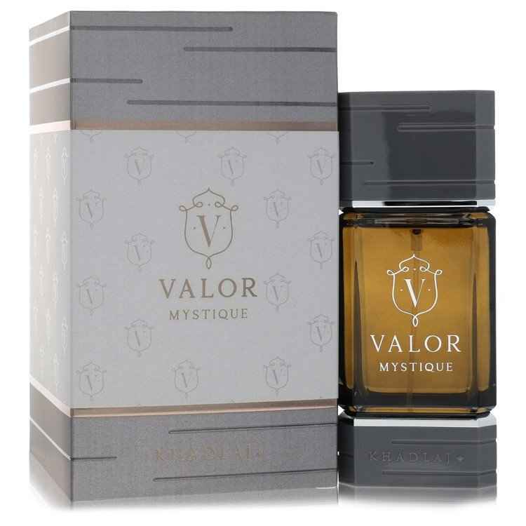 Khadlaj Valor Mystique Eau De Parfum Spray for Men, 3.4 oz, featuring sleek bottle design and elegant branding.