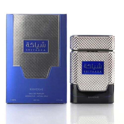 Khadlaj Shiyaaka Blue men's eau de parfum 3.4 oz bottle with sleek blue design and silver cap, stylish men's cologne.