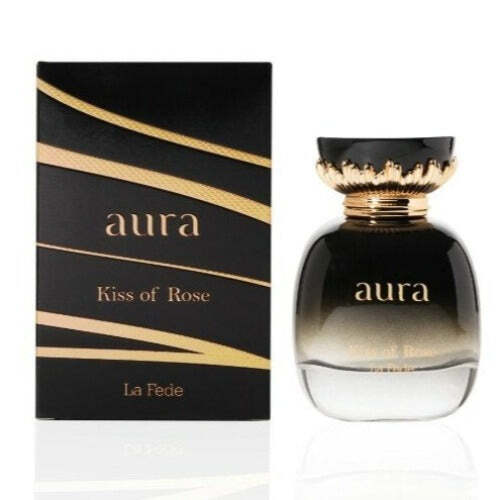 Khadlaj La Fede Aura Kiss of Rose women's perfume 3.4 oz bottle with elegant floral design and rose accents.