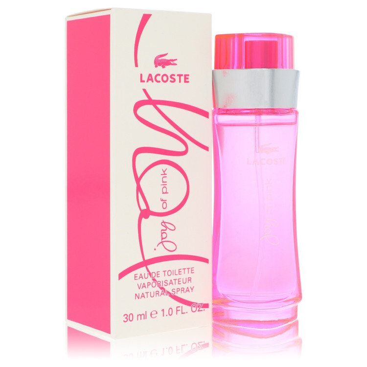 Lacoste Joy of Pink Eau De Toilette spray for women, 1 oz bottle with pink and white packaging, elegant and feminine design.