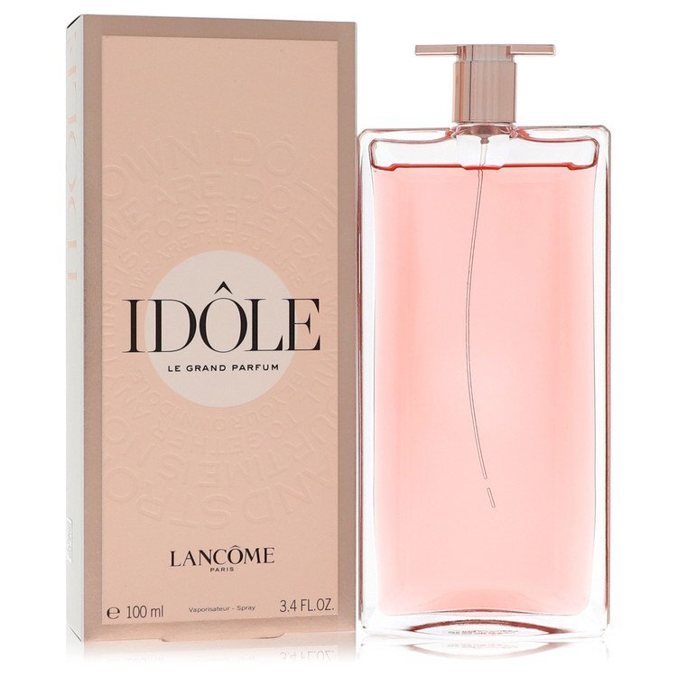 Idole Le Grand by Lancome 3.4 oz Eau De Parfum Spray bottle with elegant design and soft pink hues.