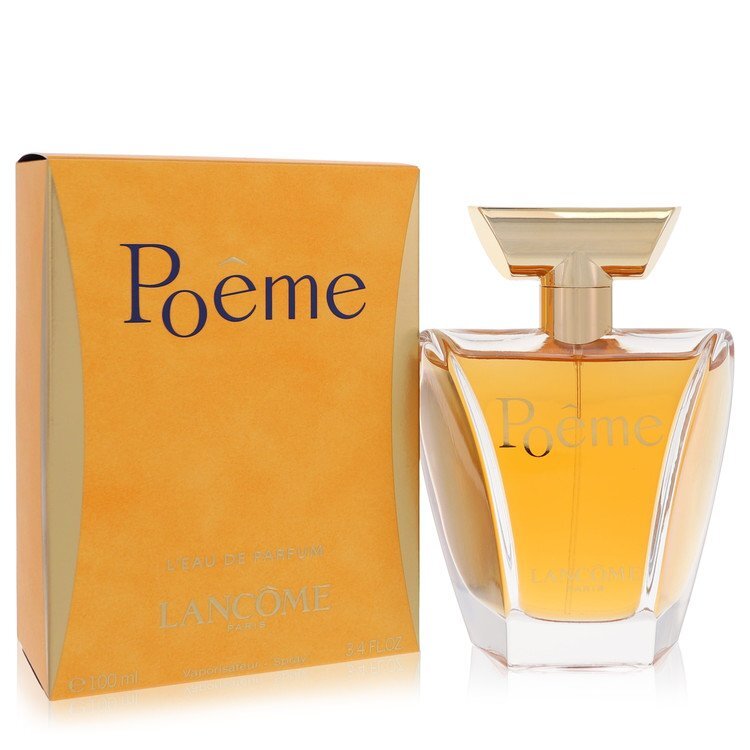 Poeme by Lancome Eau De Parfum Spray 3.4 oz bottle with elegant design and floral notes, displayed on a soft background.