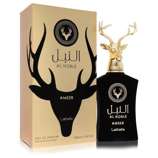 Al Noble Ameer by Lattafa Eau De Parfum spray 3.4 oz, men’s and unisex fragrance with elegant bottle design.