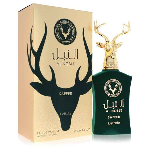 Al Noble Safeer by Lattafa Eau De Parfum spray for men and unisex, 3.4 oz bottle, with elegant packaging and scent profile.
