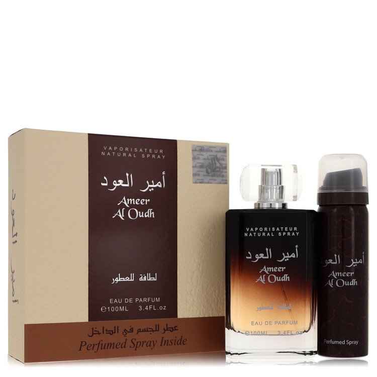Lattafa Ameer Al Oudh gift set for men, featuring elegant perfume bottles and packaging, ideal for gifting or personal use.