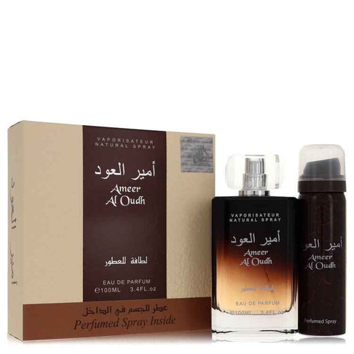 Lattafa Ameer Al Oudh gift set for men, featuring elegant perfume bottles and packaging, ideal for gifting or personal use.
