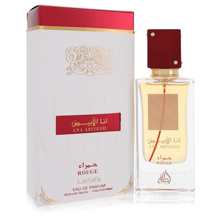 Lattafa Ana Abiyedh I Am White Rouge Eau De Parfum spray 2 oz for women and unisex, featuring elegant white packaging.