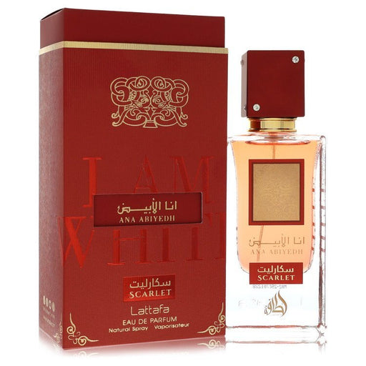 Lattafa Ana Abiyedh I Am White Scarlet Eau De Parfum spray 2 oz for men and unisex, featuring a sleek white and red bottle design.
