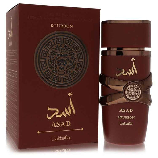 Lattafa Asad Bourbon Eau De Parfum Spray for Men, 3.4 oz, with a sleek bottle design and dark fragrance notes.