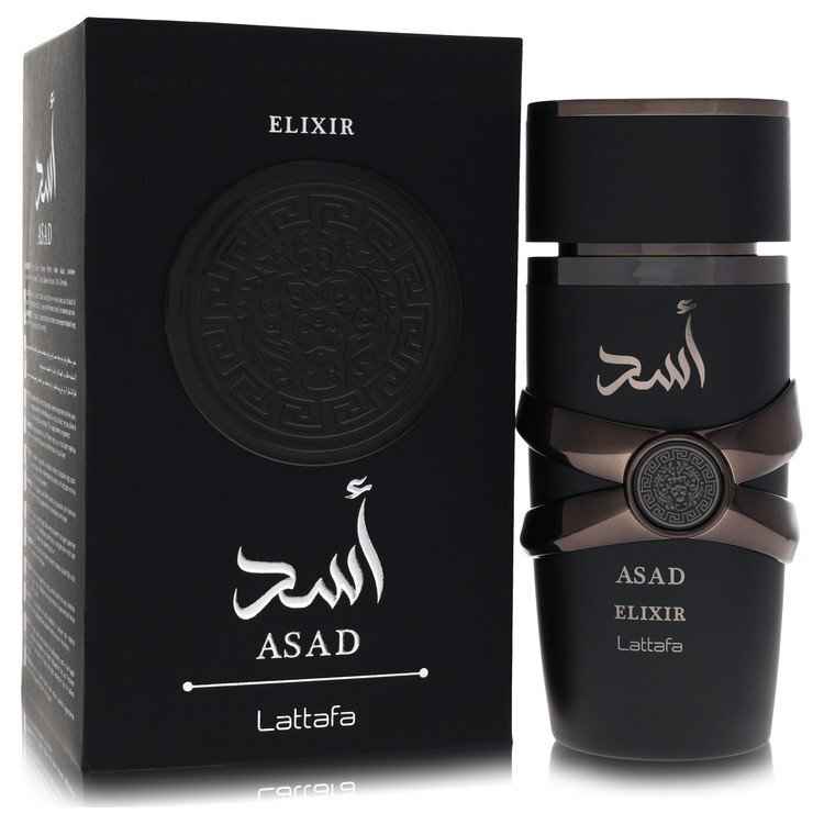 Lattafa Asad Elixir Eau De Parfum spray for men, 3.4 oz bottle, with sleek packaging and elegant design.