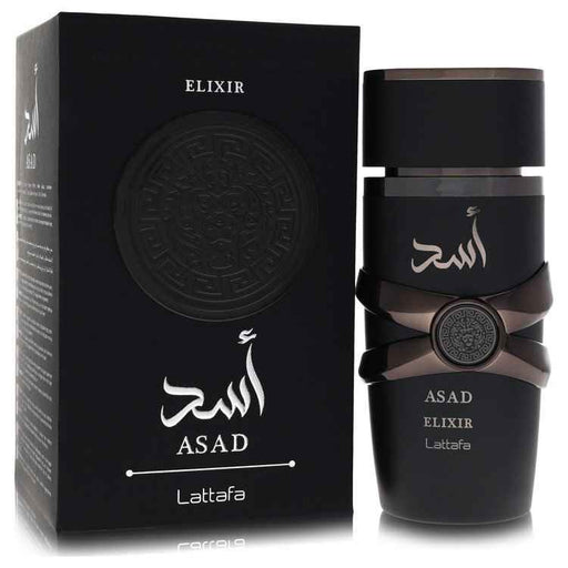 Lattafa Asad Elixir Eau De Parfum spray for men, 3.4 oz bottle, with sleek packaging and elegant design.