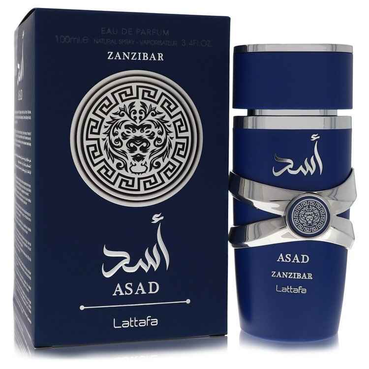 Lattafa Asad Zanzibar Eau De Parfum spray for men, 3.4 oz bottle with sleek design and dark fragrance notes visible.
