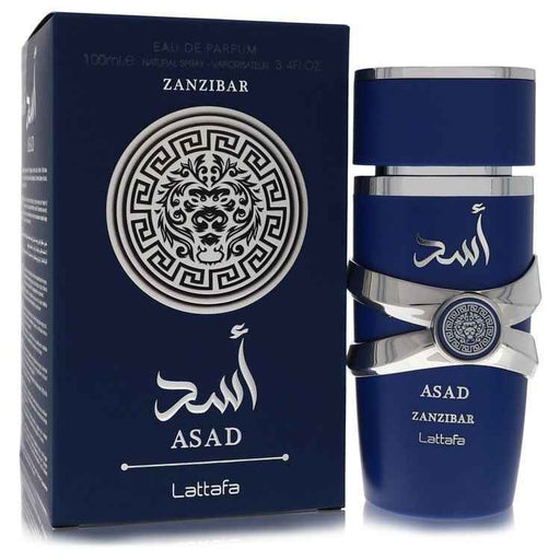 Lattafa Asad Zanzibar Eau De Parfum spray for men, 3.4 oz bottle with sleek design and dark fragrance notes visible.