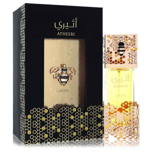 Atheeri by Lattafa Eau De Parfum spray for women, 3.4 oz bottle, elegant floral fragrance with a sleek design.