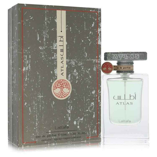 Atlas by Lattafa Eau De Parfum spray for men and unisex, 1.85 oz, featuring a sleek bottle with elegant branding.