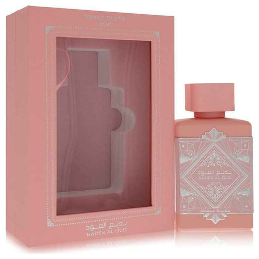 Lattafa Badee Al Oud Noble Blush Eau De Parfum spray for women, featuring elegant pink packaging and floral accents.