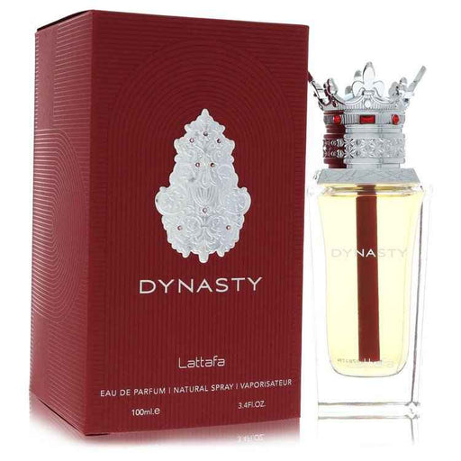 Lattafa Dynasty Eau De Parfum Spray for women and unisex, 3.4 oz bottle with elegant packaging and branding.