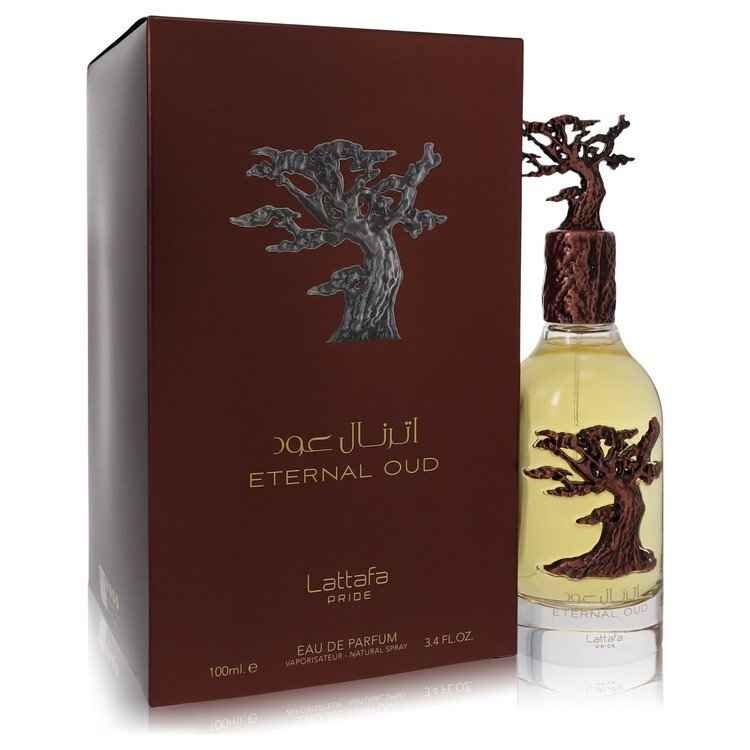 Lattafa Eternal Oud Pride Eau de Parfum spray 3.4 oz for women and unisex, featuring elegant fragrance packaging and design.