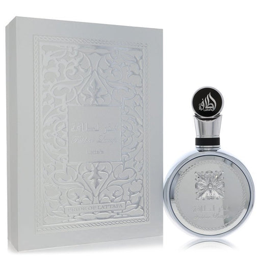 Fakhar Platin by Lattafa Eau de Parfum spray 3.4 oz for men and unisex, showcasing the elegant bottle design.