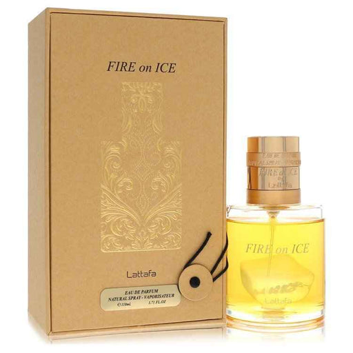 Lattafa Fire on Ice Eau de Parfum spray for men and unisex, 3.7 oz bottle with sleek design and frosty blue accents.