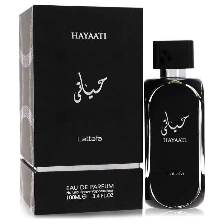 Lattafa Hayaati Eau de Parfum Spray for Men, 3.4 oz, featuring a sleek bottle and elegant design.