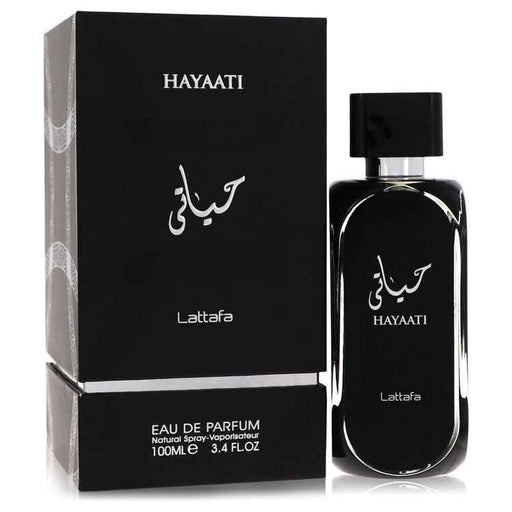 Lattafa Hayaati Eau de Parfum Spray for Men, 3.4 oz, featuring a sleek bottle and elegant design.