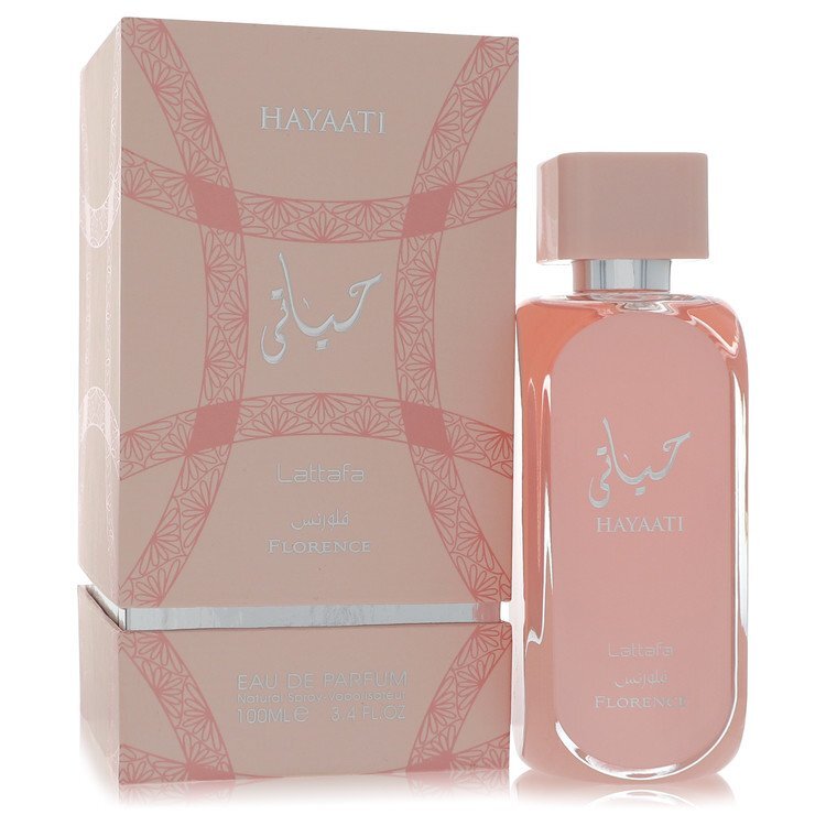 Hayaati Florence by Lattafa Eau De Parfum spray 3.4 oz for men and unisex, elegant bottle with gold accents.