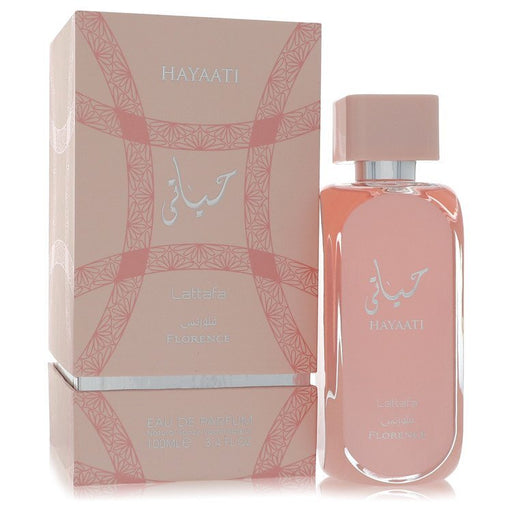 Hayaati Florence by Lattafa Eau De Parfum spray 3.4 oz for men and unisex, elegant bottle with gold accents.