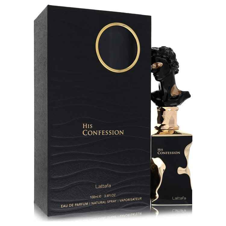 Lattafa His Confession Eau De Parfum spray for men, 3.4 oz bottle, with sleek fragrance design and elegant packaging.