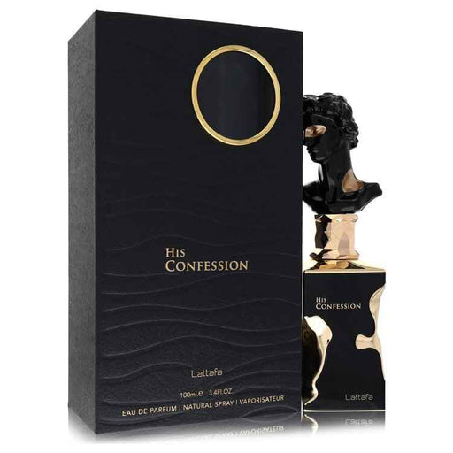 Lattafa His Confession Eau De Parfum spray for men, 3.4 oz bottle, with sleek fragrance design and elegant packaging.
