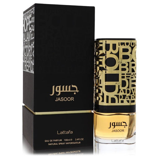 Lattafa Jasoor Eau De Parfum spray for men, 3.4 oz, featuring a sleek bottle design with a modern, masculine fragrance.